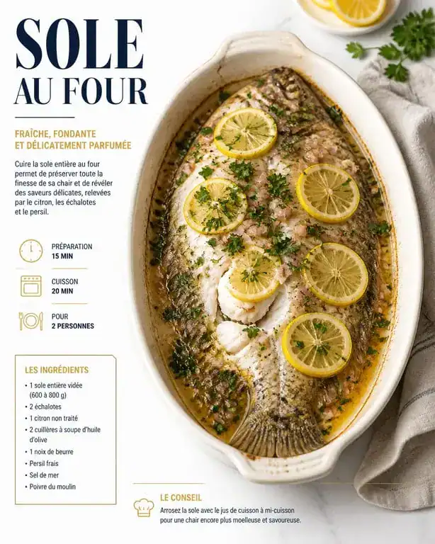 Sole au four délicatement préparée avec du citron et des herbes fraîches