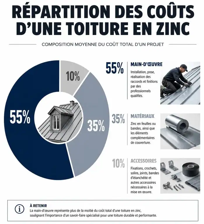 Répartition des coûts d'une toiture en zinc : main-d'œuvre, matériaux et accessoires