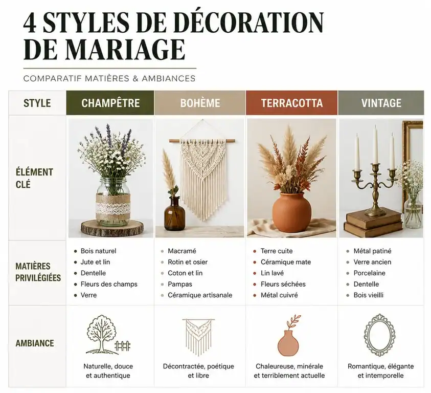 Infographie comparative des styles de décoration de mariage : champêtre, bohème, terracotta et vintage