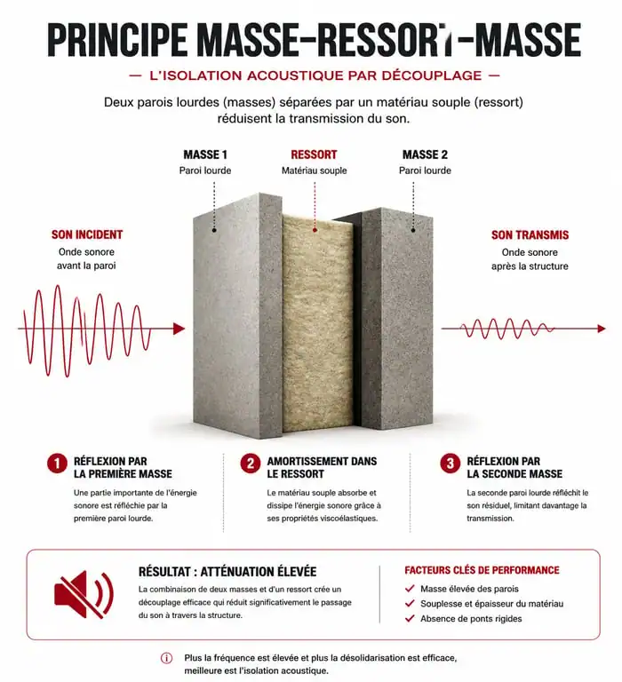 Schéma explicatif du principe Masse-Ressort-Masse pour une isolation phonique efficace
