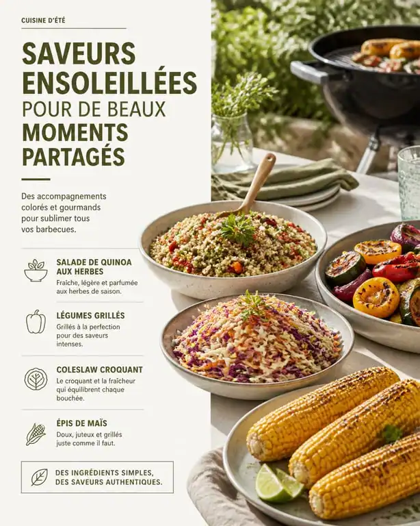Assortiment d'accompagnements pour barbecue, salades fraîches et légumes grillés