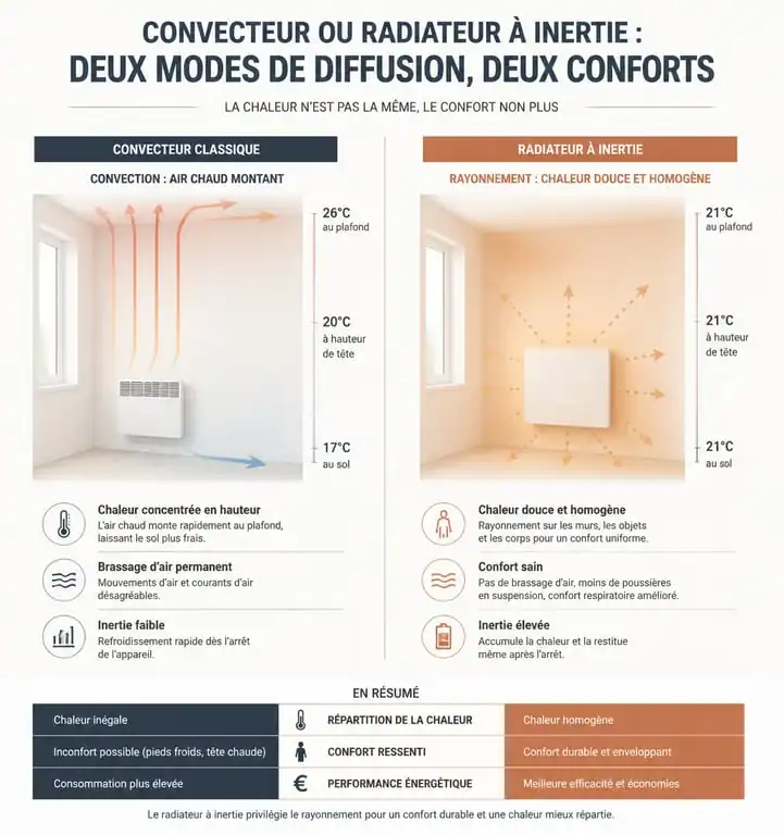 Comparaison visuelle entre le fonctionnement d'un radiateur à inertie et d'un convecteur classique pour comprendre la consommation électrique