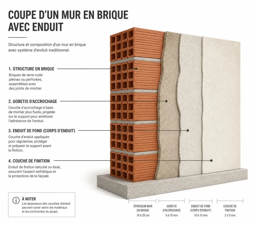 Schéma technique d'une application d'enduit sur brique