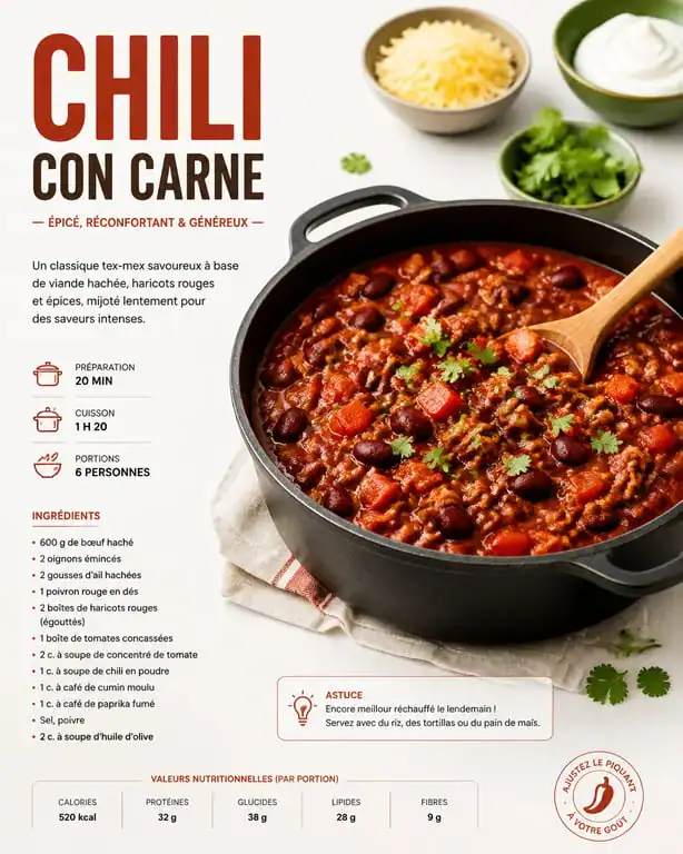 Grand plat de Chili con Carne pour un repas de 30 personnes