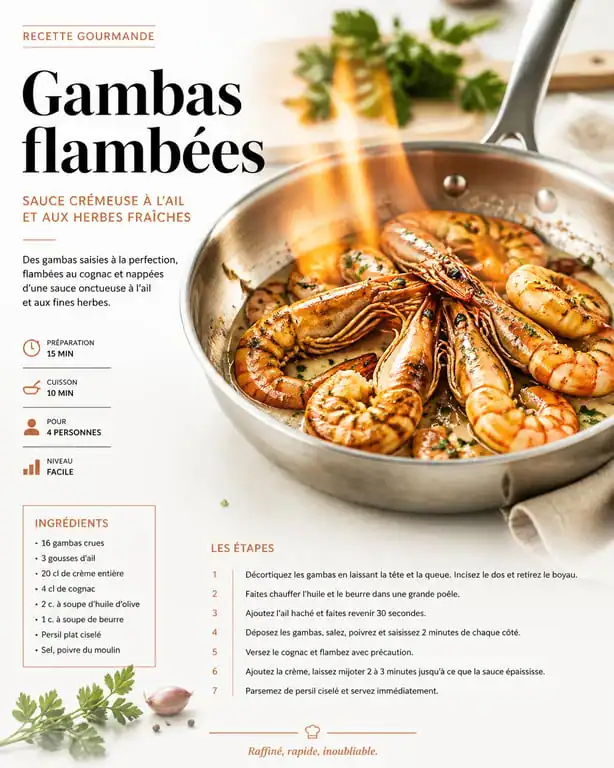 Gambas flambées dans une poêle, substitut de cognac pour recette de gambas
