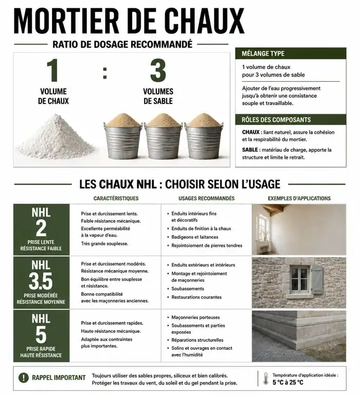 Tableau récapitulatif des dosages de mortier de chaux pour mur en pierre