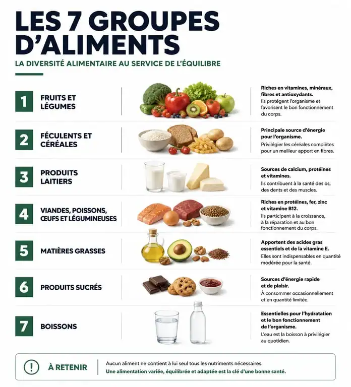 Infographie des 7 groupes d'aliments et équilibre nutritionnel
