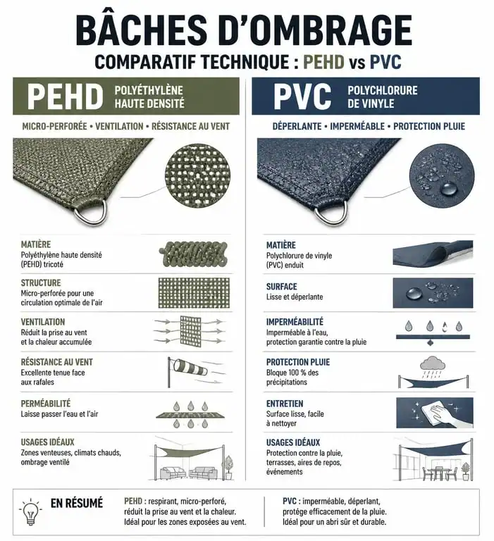 Comparatif des matières de bâches d'ombrage : toile micro-perforée PEHD vs bâche déperlante PVC