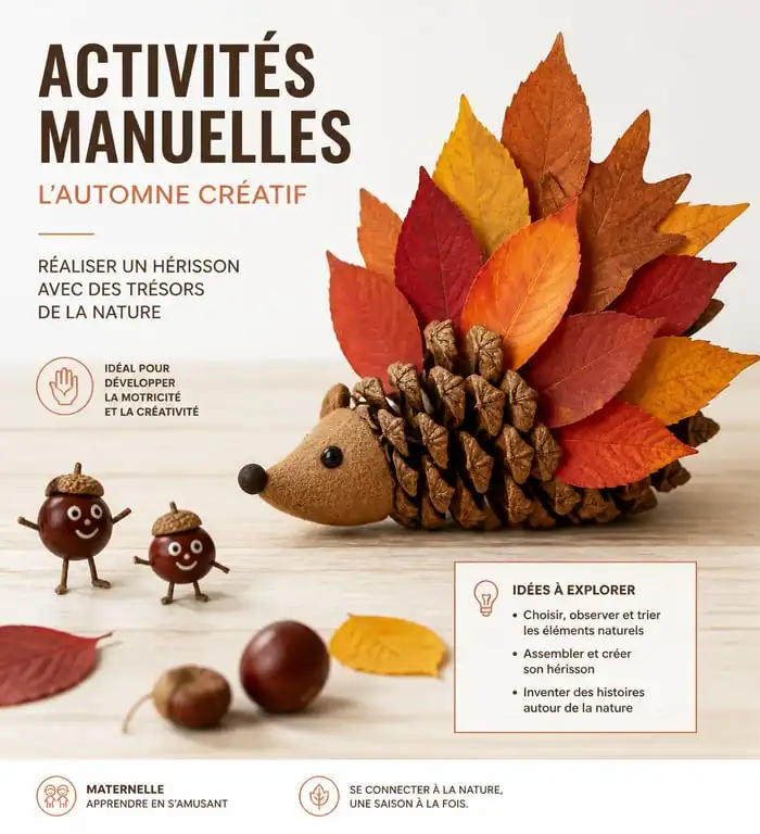 Bricolage automne maternelle : hérisson en pomme de pin et personnages en marrons