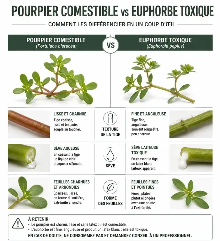 Infographie comparative pour identifier le pourpier comestible et éviter la confusion avec l'euphorbe toxique