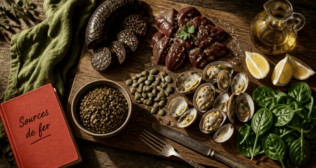 liste d aliments riche en fer sur planche en bois