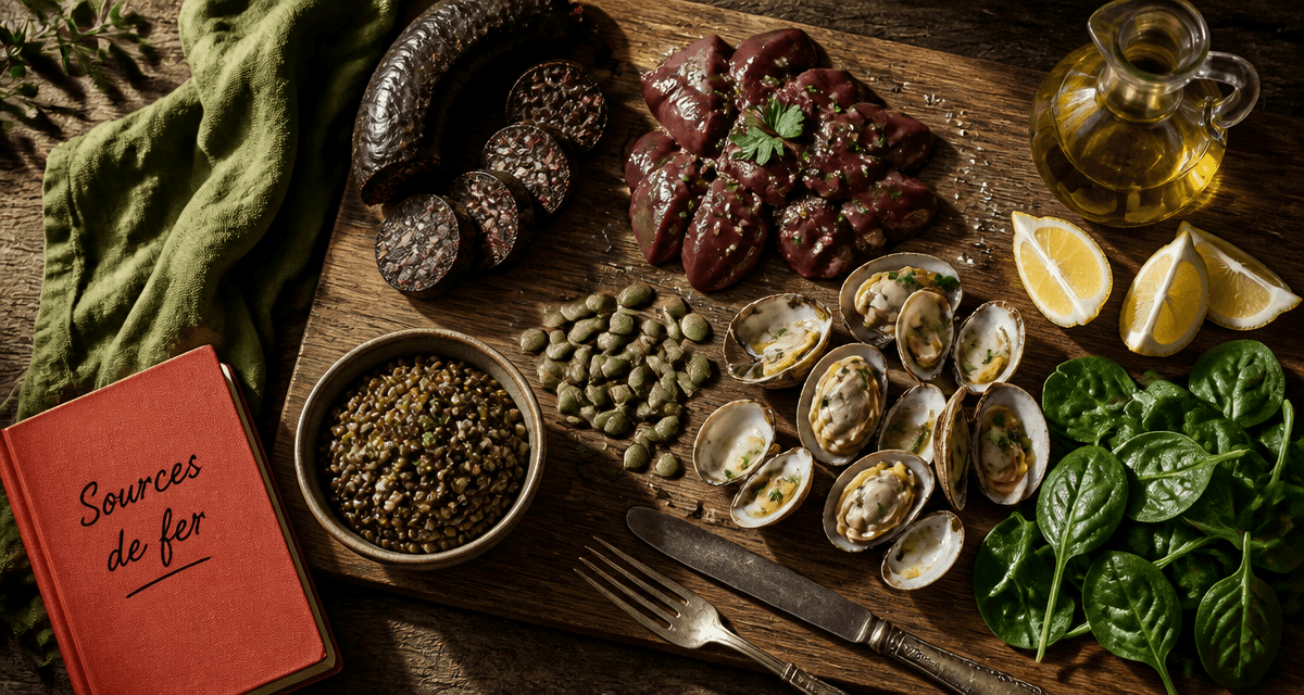 liste d aliments riche en fer sur planche en bois
