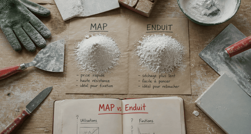 map enduit de rebouchage sur plan de travail atelier