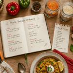 Menu famille semaine avec carnet, légumes frais et planification repas