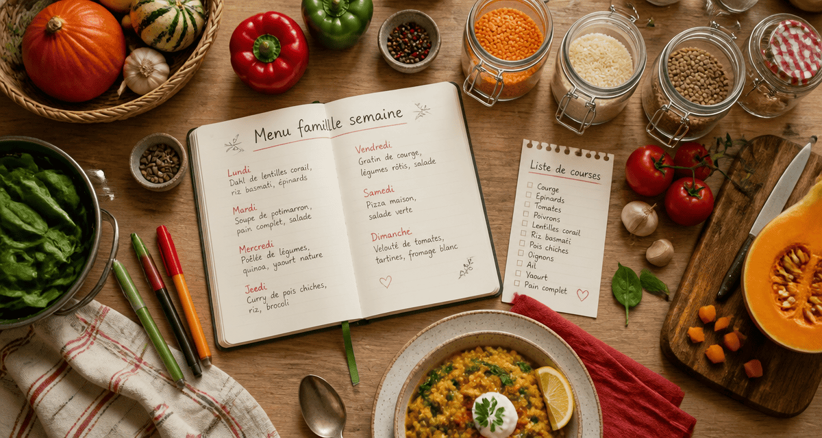 Menu famille semaine avec carnet, légumes frais et planification repas