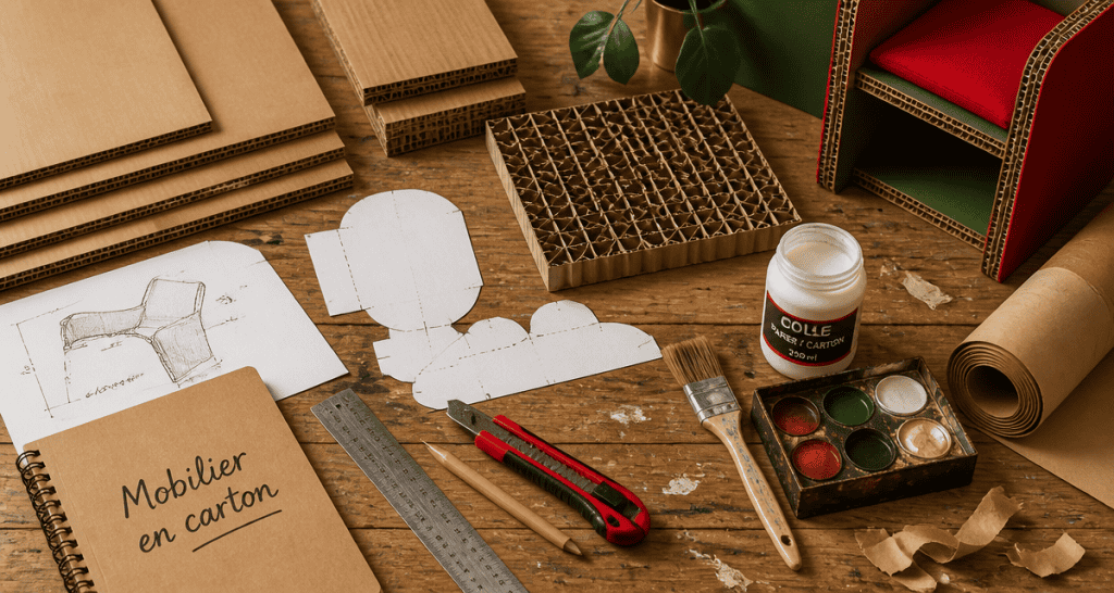 meuble en carton fabrication atelier avec outils et matériaux