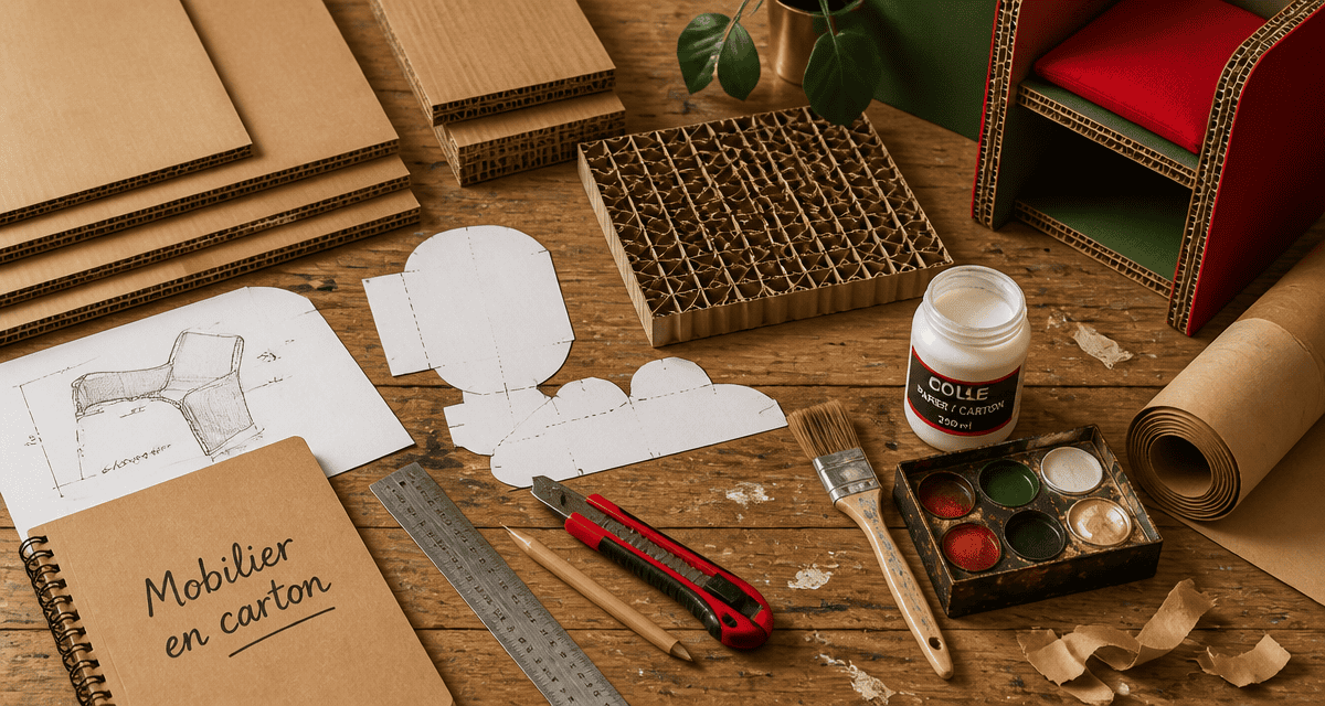 meuble en carton fabrication atelier avec outils et matériaux