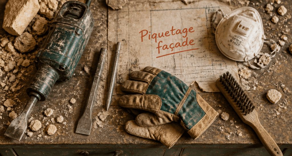 outils piquetage mur sur établi