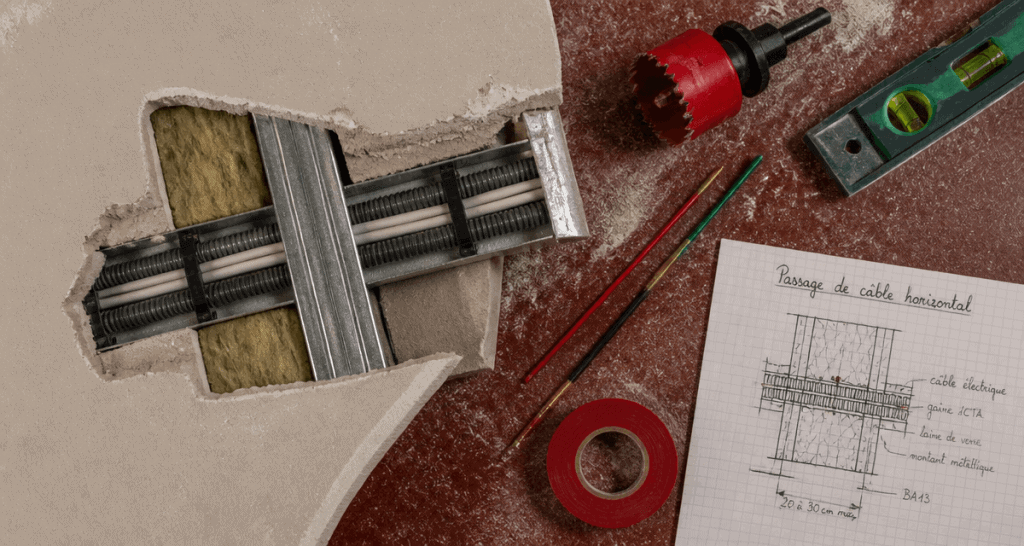 passer un câble horizontal dans une cloison placo, outils, schéma technique