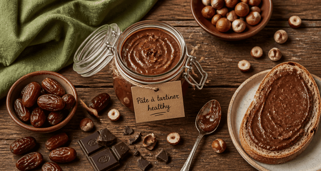 pate a tartiner healthy maison sur table avec noisettes et pain