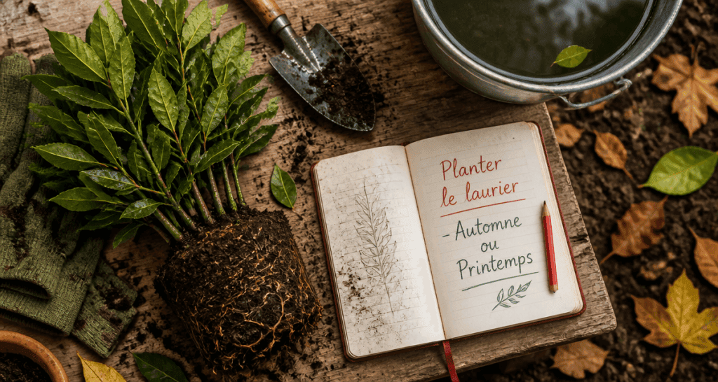 quand planter le laurier, motte et outils de jardinage
