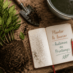 quand planter le laurier, motte et outils de jardinage