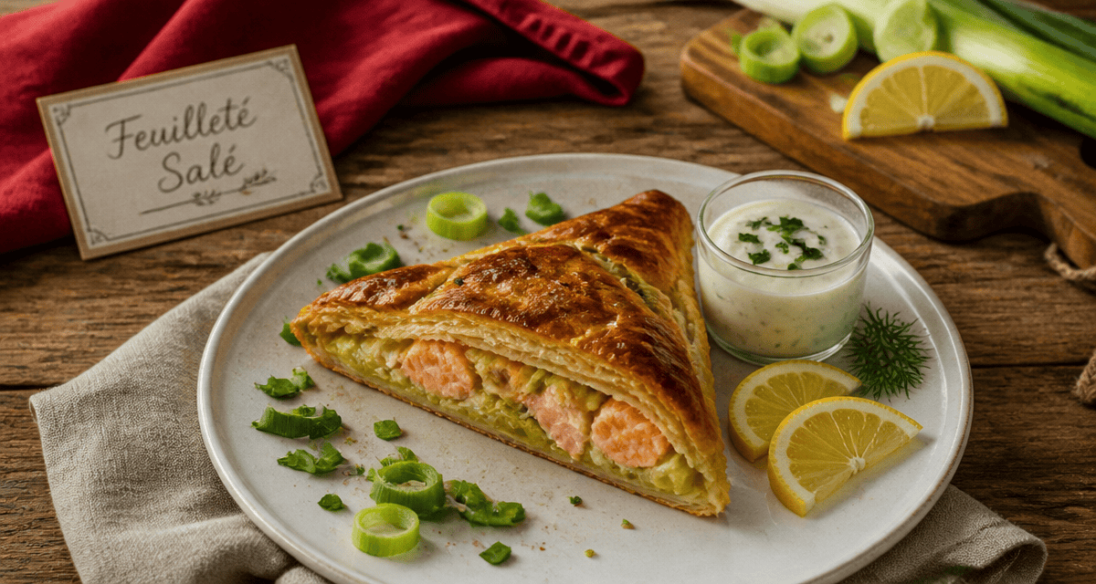 recette feuilleté salé saumon poireaux doré sur assiette