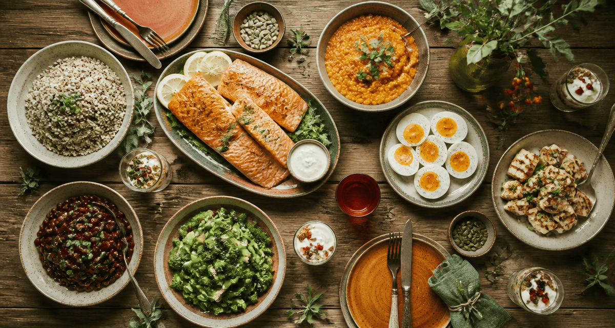 repas riche en proteine sur grande table avec saumon, lentilles, tofu, œufs