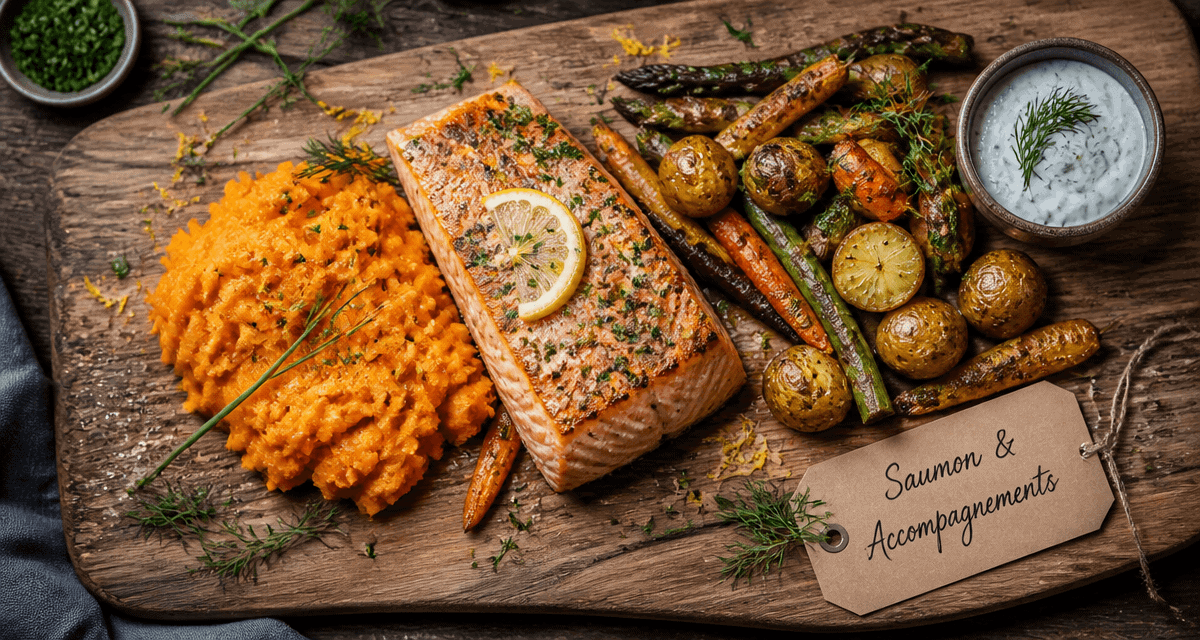 Saumon au four accompagnement avec légumes et sauce