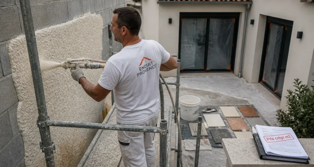 Crepi prix m2 : projection enduit artisan sur façade