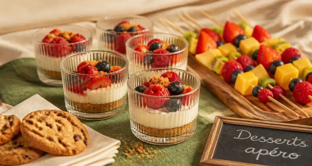 Dessert apéro dinatoire : mini-verrines fruitées, sans couverts