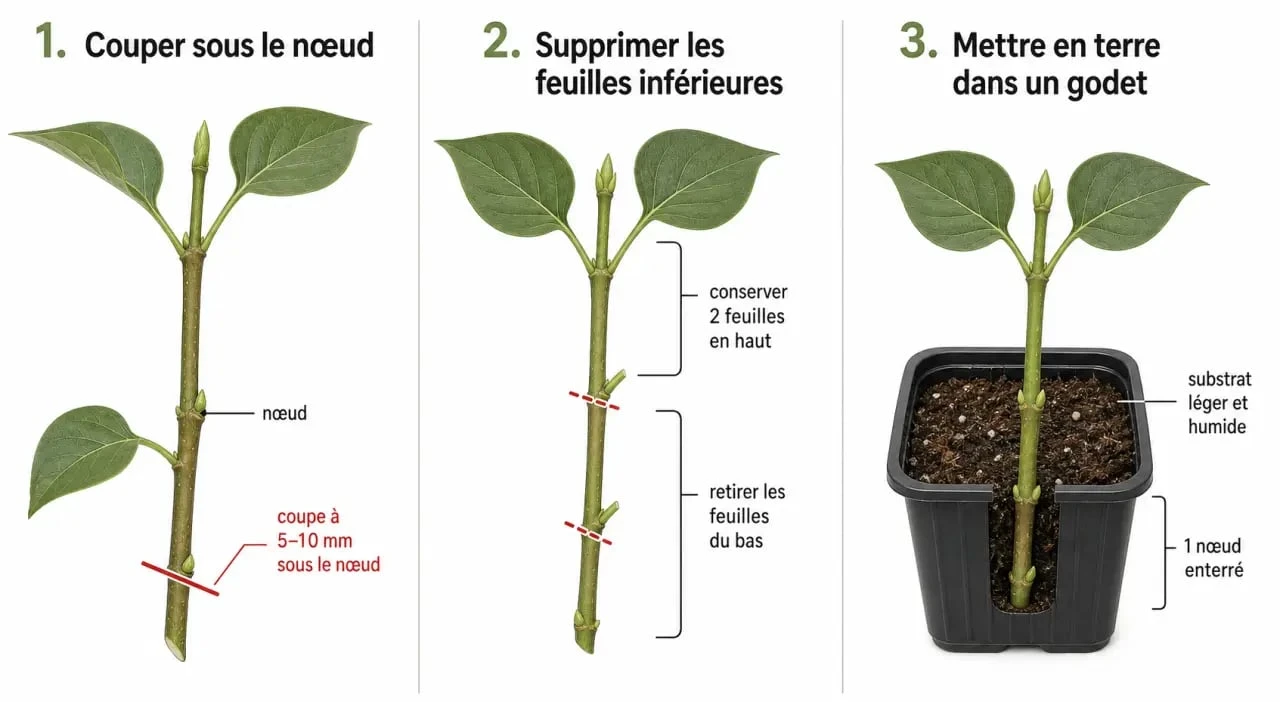Étapes du bouturage du lilas : préparation de la bouture et mise en terre