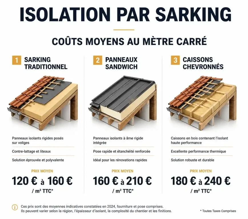 Infographie des prix moyens au m² pour une isolation de toiture par sarking selon la technique utilisée