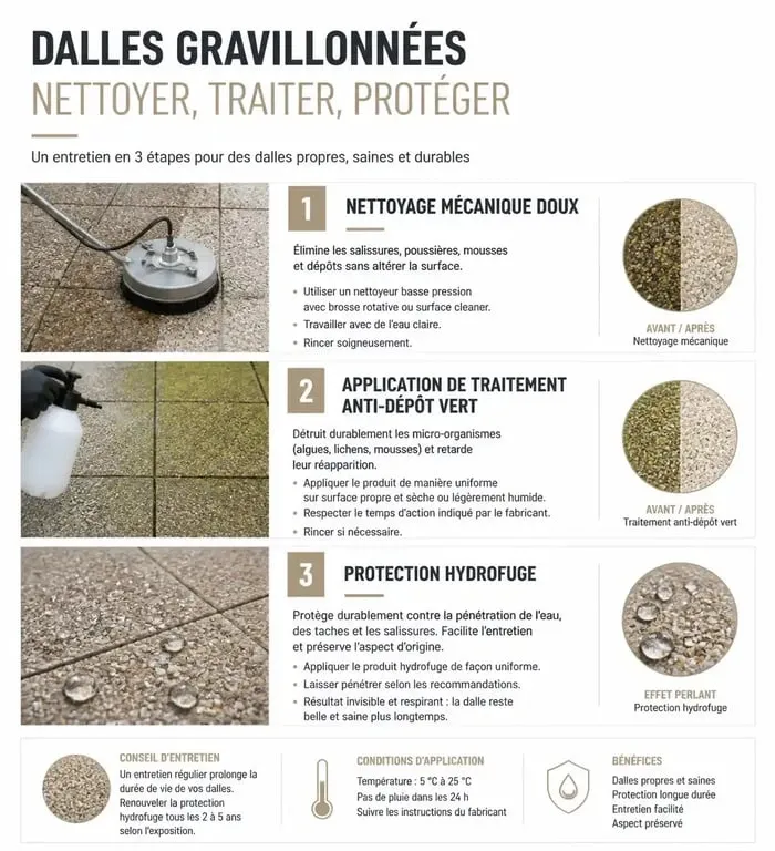 Infographie illustrant les étapes pour nettoyer des dalles gravillonnées noircies et les protéger durablement