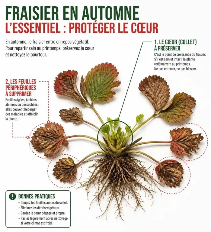 Schéma explicatif de la taille des feuilles de fraisiers avant l'hiver