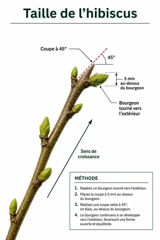 Schéma explicatif de la taille de l'hibiscus : comment couper au-dessus d'un bourgeon pour favoriser la floraison.
