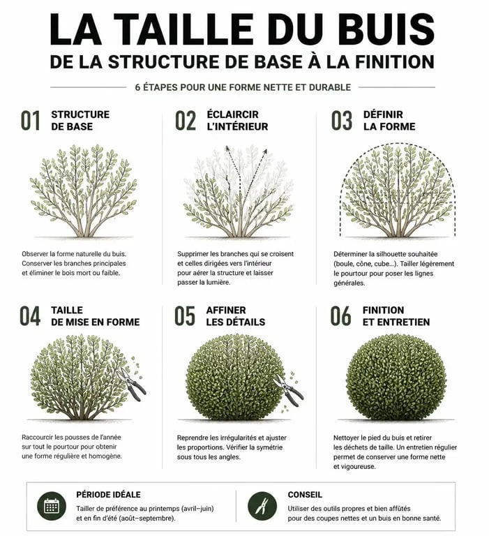 Schéma explicatif des étapes pour tailler les buis en boule et en haie