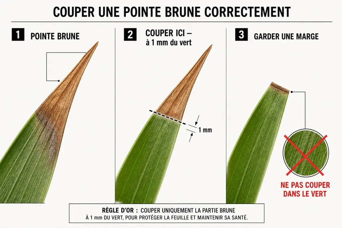 Schéma explicatif pour couper le bout des feuilles marron d'une plante sans l'abîmer