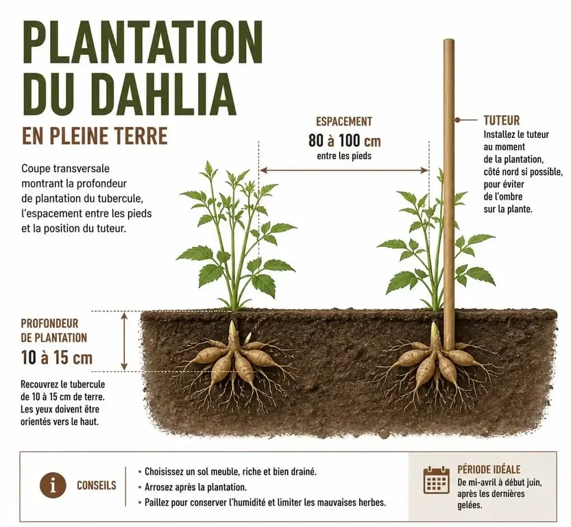 Schéma illustrant la profondeur et l'espacement pour planter les dahlias en pleine terre