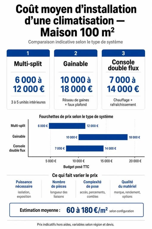 Infographie des prix et options pour l'installation d'une climatisation dans une maison de 100m2