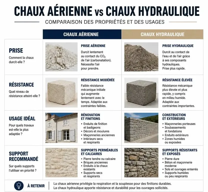 Tableau comparatif des types de chaux pour enduit à la chaux façade