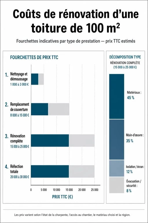 Tableau comparatif des prix d'une toiture de 100m2 selon le type de travaux