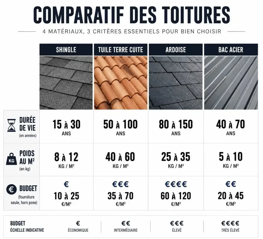 Comparatif des durées de vie et coûts des toitures en shingle, tuile, ardoise et bac acier