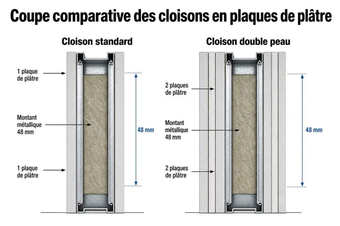 Schéma technique comparatif de l'épaisseur d'une cloison placo simple peau et double peau avec rail