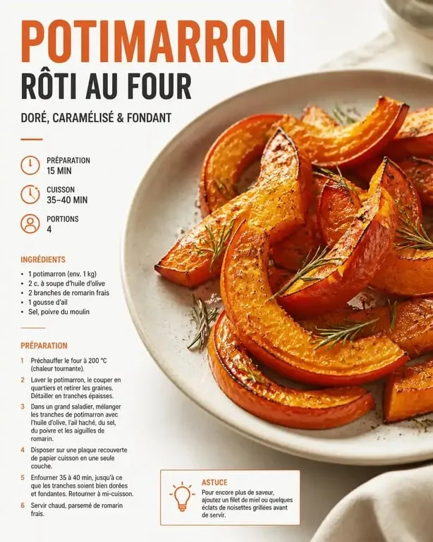 Quartiers de potimarron rôtis au four avec du romarin, une recette simple et savoureuse pour cuire un potimarron.
