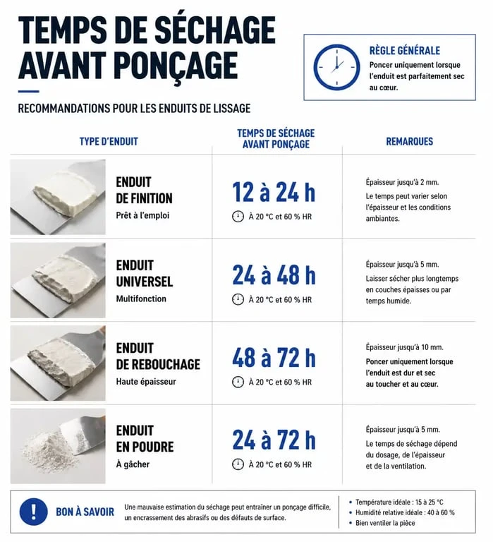 Tableau récapitulatif des temps de séchage de l'enduit de lissage avant ponçage selon le type de produit.