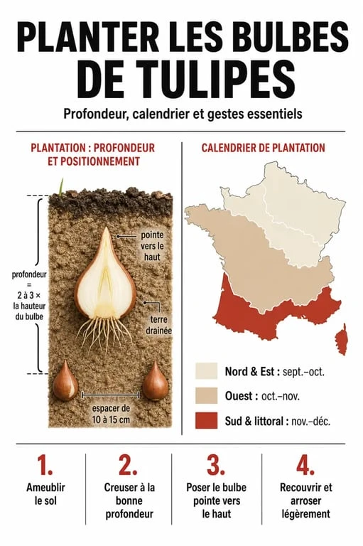 Infographie sur quand planter les tulipes et la profondeur idéale de plantation