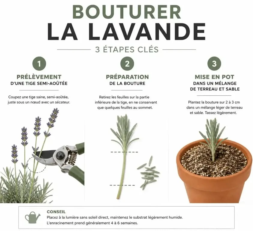 Étapes illustrées pour réussir le bouturage de la lavande au jardin