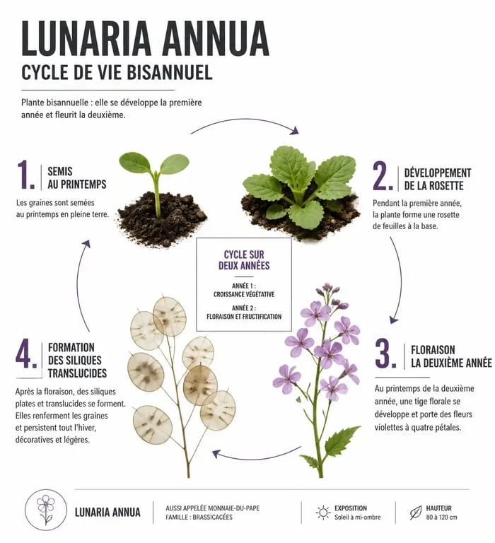 Infographie du cycle de vie de la monnaie du pape pour réussir sa plantation