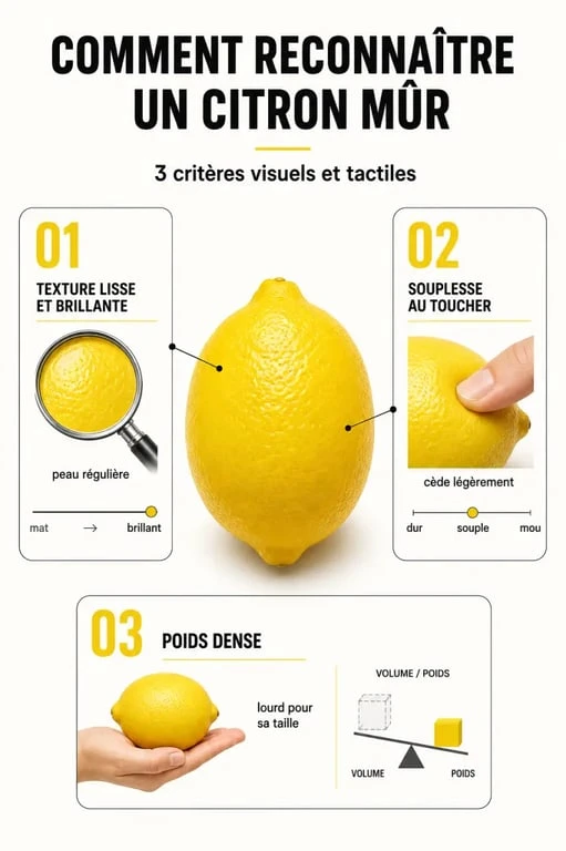 Infographie des signes de maturité pour savoir quand cueillir les citrons en pots